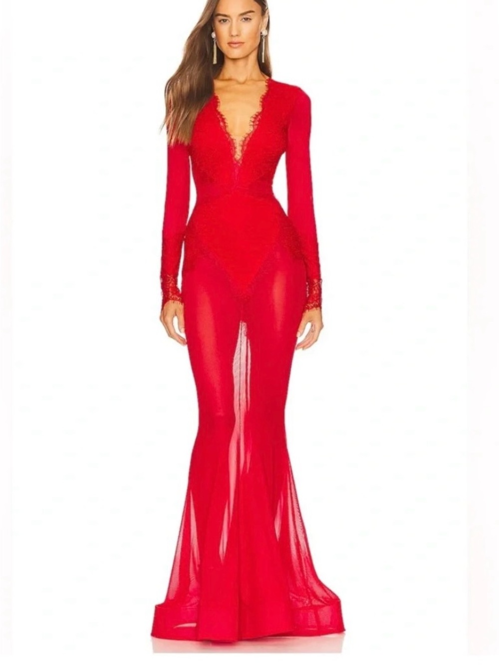 Michael Costello Red Long-Sleeve Mermaid Gown
